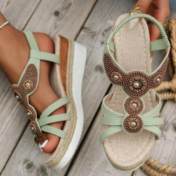 Women's Casual Roman Style Beaded Straw Rope Sandals With Wedge Heels - Picture 3 of 8